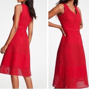 Ann Taylor Red Lace Eyelet Lined Midi Dress Sz 4 , Cotton 100% Excellent